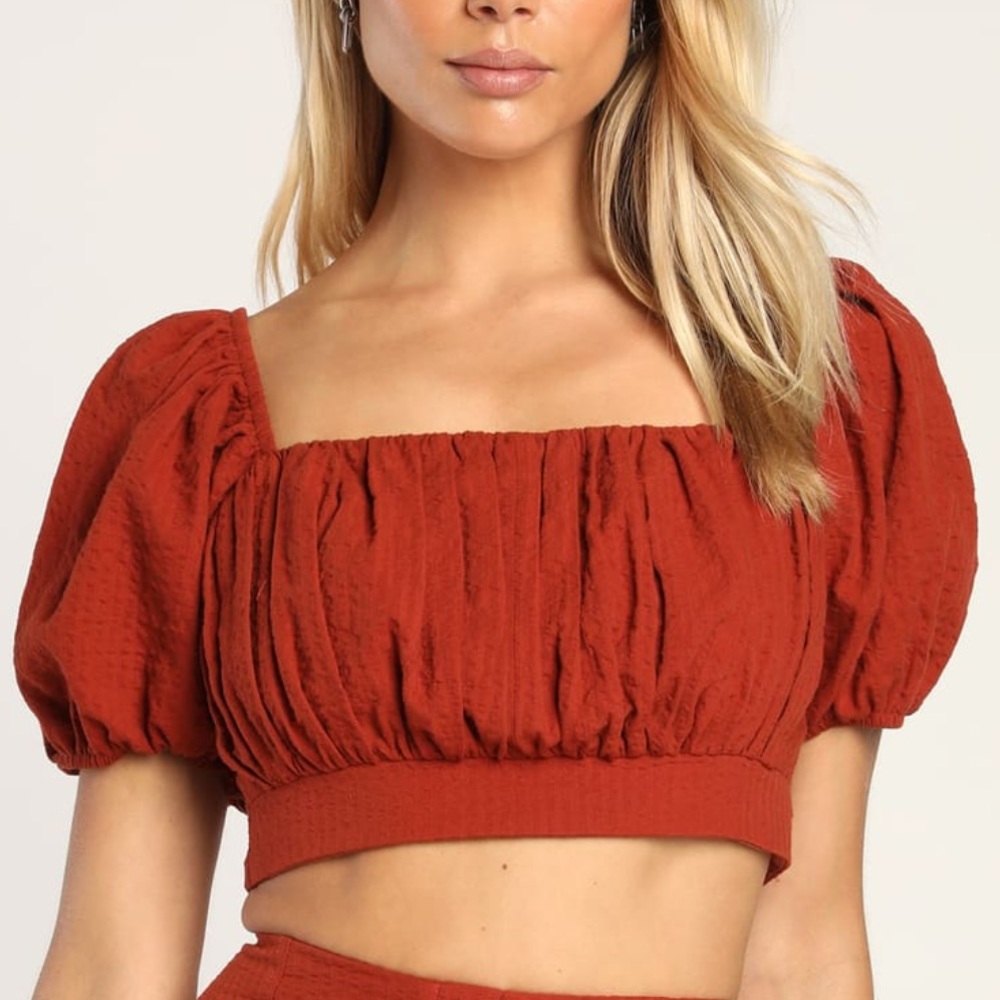NWT Lulus Seeking Romance Rust Brown Puff Sleeve Crop Top